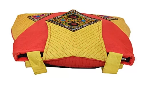 Raw Silk Big Flapper Bag with Kutchhi Patch work front face TOTE BAG EK-TOT-0004 Yellow-Red, 4 image