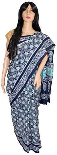 Women's Wax Batik Hand Block Print Natural Dye Mul Cotton Kutchhi Premium Traditional Handicraft Saree (EK-SAR-0001-MCBT) - Blue - Green), 3 image