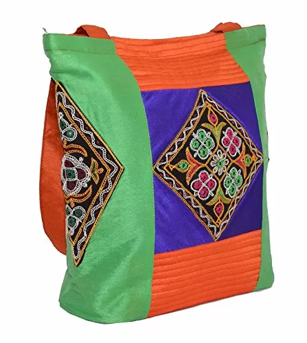 Raw Silk Tri Patch Bag - Aahir Work Embroidery Work TOTE BAG EK-TOT-0002 Green - Red, 5 image
