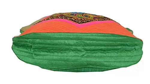Raw Silk Rangoli - Mirror Work Embroidery Large Patch TOTE BAG EK-TOT-0006 (Orange), 4 image