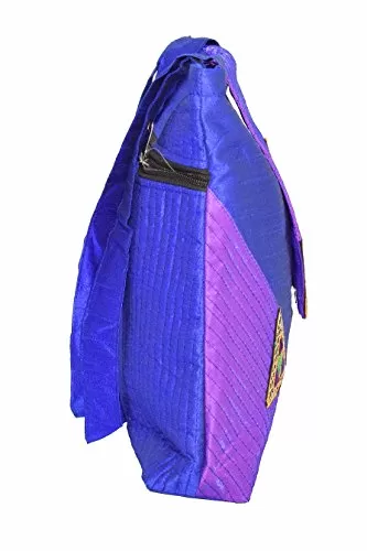 Raw Silk Big Flapper Bag with Kutchhi Patch work front face TOTE BAG EK-TOT-0004 (Purple), 4 image