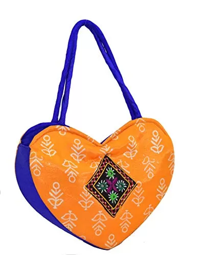 HEART Handle Purse - Mushru Silk Block Print with Kutchhi Hand Embroidery Work Fusion Handicraft, 2 image