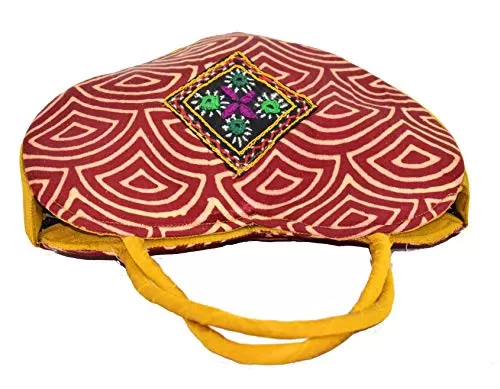 HEART Handle Purse - Mushru Silk Block Print Hand Embroidery Fusion Handicraft (Maroon), 5 image