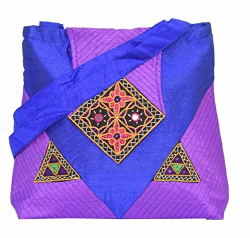 Raw Silk Big Flapper Bag with Kutchhi Patch work front face TOTE BAG EK-TOT-0004 (Purple), 2 image