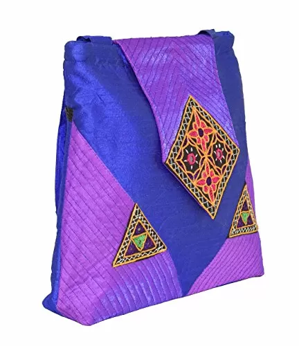 Raw Silk Big Flapper Bag with Kutchhi Patch work front face TOTE BAG EK-TOT-0004 (Purple), 5 image