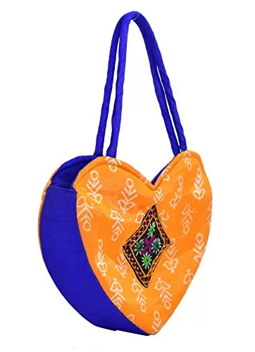 HEART Handle Purse - Mushru Silk Block Print with Kutchhi Hand Embroidery Work Fusion Handicraft, 3 image