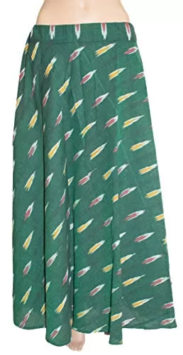 Ikkat Print Cotton Skirt - 4MTR of Circumference Material (Green-Yellow), 3 image