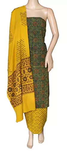 Women's Ajrakh Full Natural Dye Block Print 60x60 Cotton DRESS MATERIAL SIZE 250 cm Top x 250 cm Bottom x 250 cm Dupatta (92 x 88 Threads/Sq Inch60x60 Thread SIZE), 2 image