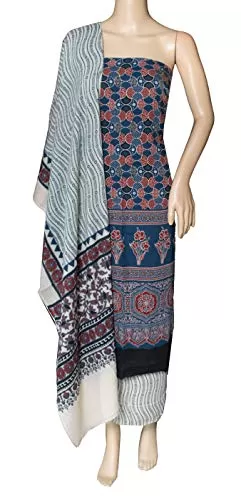 Women's Ajrakh Dying Natural Dyes Screen Printed Satin Cotton DRESS MATERIAL SIZE : 250 cms Top x 250 cms Bottom x 210 cms Dupatta, 2 image
