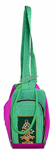 Raw Silk Aahir Work Raw Silk Multi Purpose Adjustable Belt Shoulder Bag HOBO BAG EK-HOB-0004 Green Purple, 4 image