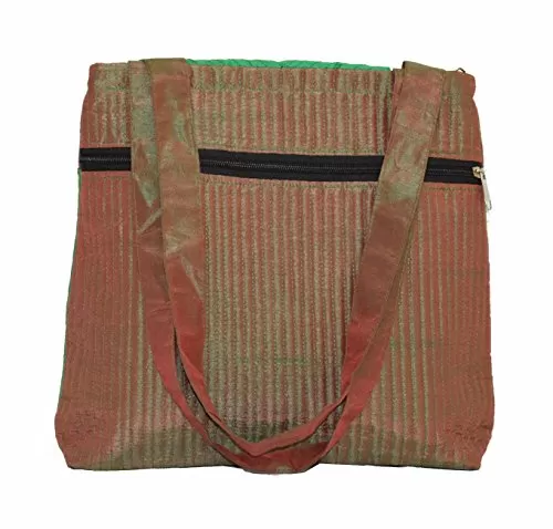Raw Silk Big Flapper Bag with Kutchhi Patch work front face TOTE BAG EK-TOT-0004 Green - Brown, 3 image