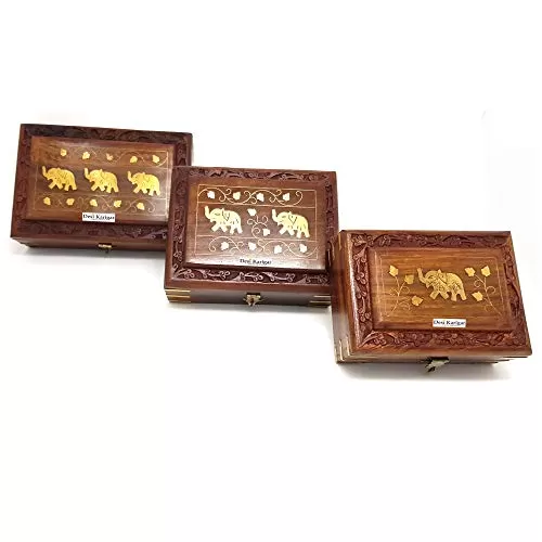 Wooden Handcrafted Decorative Jewellery Storage Box Size(LxBxH-8x5x2.5) Inch Set of 3, 4 image