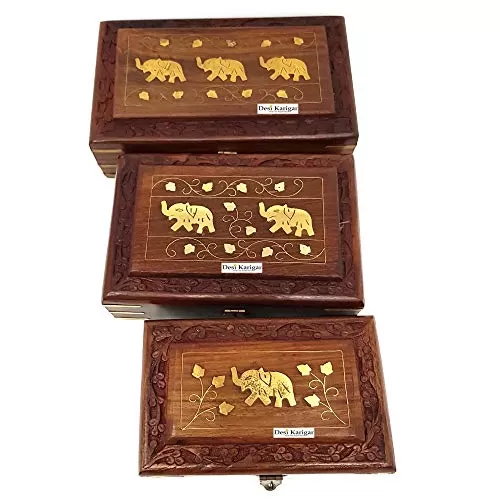 Wooden Handcrafted Decorative Jewellery Storage Box Size(LxBxH-8x5x2.5) Inch Set of 3, 3 image