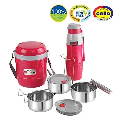 Cello Lunch Express Insulated Tiffin and Water Bottle Red, 3 image