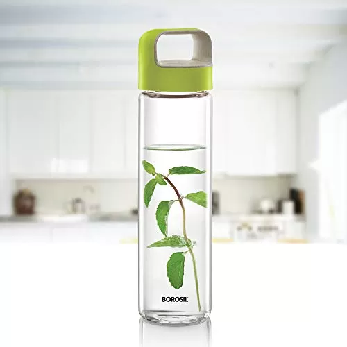 NEO Borosilicate Glass Water Bottle with Green Handle for Fridge and Office 550ml, 6 image