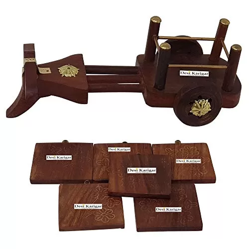 Wooden Tea Coffee Coaster Set CART Shape ? Office Home Decor Dining Accessory (Brown 7.5 x 4 x 3 inch), 4 image