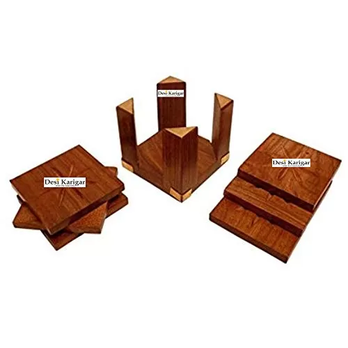 Brown Beautiful 4 Pillars Wooden Tea Coaster Handmade Retro Wood Coaster Set with 6 Square Table Coaster Set of 6, 4 image