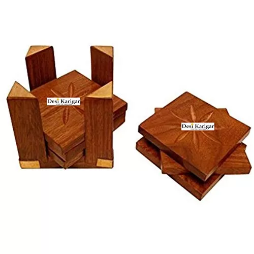 Brown Beautiful 4 Pillars Wooden Tea Coaster Handmade Retro Wood Coaster Set with 6 Square Table Coaster Set of 6, 3 image