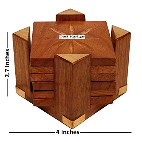 Brown Beautiful 4 Pillars Wooden Tea Coaster Handmade Retro Wood Coaster Set with 6 Square Table Coaster Set of 6, 5 image