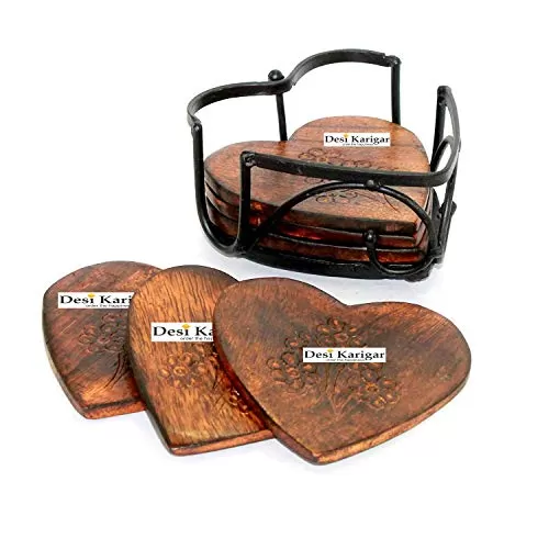 Handmade Wood and Iron Drink Coasters Sets with Holder Set of 6 in a Heart Shaped Holder with Heart Design, 3 image