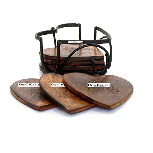 Handmade Wood and Iron Drink Coasters Sets with Holder Set of 6 in a Heart Shaped Holder with Heart Design, 4 image