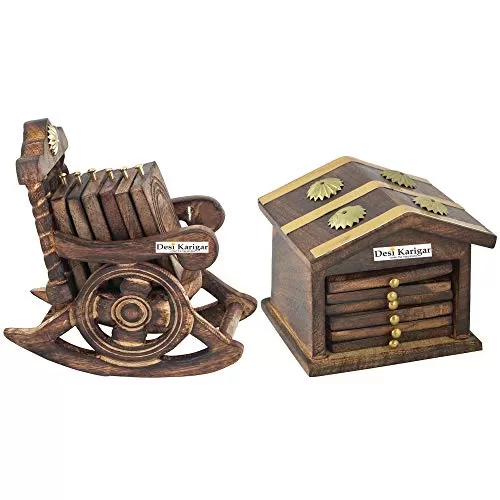 Traditional Coaster Set Hut with Antique Design Wooden Chair Coaster Set Pack of 2, 3 image