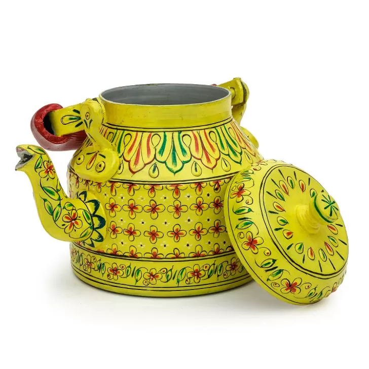 Hand Painted Steel Tea Kettle Yellow Glitzy, 3 image