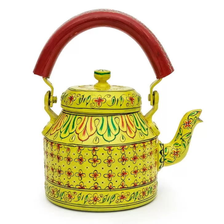 Hand Painted Steel Tea Kettle Yellow Glitzy, 5 image
