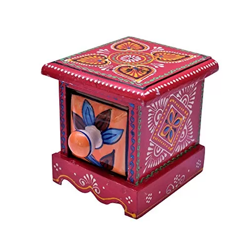 India Hand Decorated Embossed Painting Handmade Wooden and Ceramic 1 Drawers Small Chest Jewellery Organizer Desk Table (Multi Color) Red Blue GreenYellow Orange Random Color, 5 image