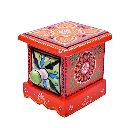 India Hand Decorated Embossed Painting Handmade Wooden and Ceramic 1 Drawers Small Chest Jewellery Organizer Desk Table (Multi Color) Red Blue GreenYellow Orange Random Color, 4 image