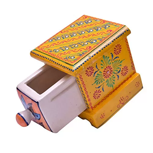 India Hand Decorated Embossed Painting Handmade Wooden and Ceramic 1 Drawers Small Chest Jewellery Organizer Desk Table (Multi Color) Red Blue GreenYellow Orange Random Color, 2 image