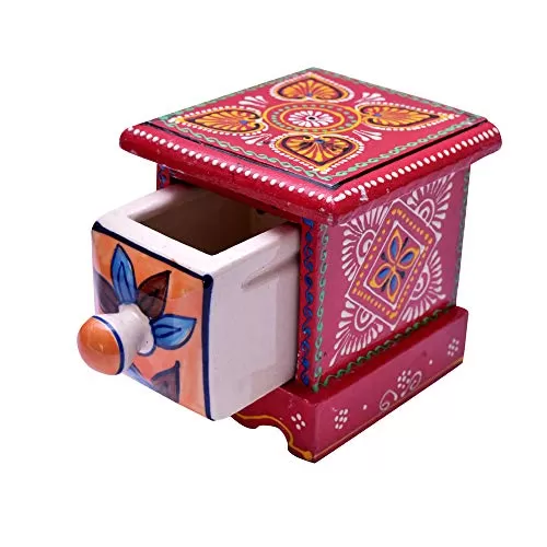 India Hand Decorated Embossed Painting Handmade Wooden and Ceramic 1 Drawers Small Chest Jewellery Organizer Desk Table (Multi Color) Red Blue GreenYellow Orange Random Color, 6 image