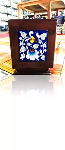 Wooden Handcrafted Fine Tile Inlaid Cover Utility Box | Jewel Organizer | Handmade Tile | Eye Catching Blue Pottery, 3 image