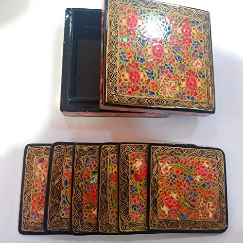 Cherry & Black Kashmiri Coasters (Set of 5 with Box), 2 image