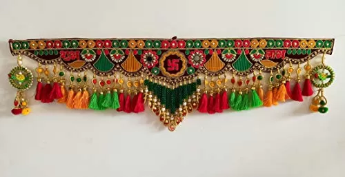 Traditional Multi Zula shubh labh Pearl Beads Handmade Door Hanging/Bandarwal/Toran for Door Traditional Bandarwal for Door 37" inch Length, 2 image