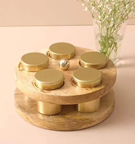 Spice Masala Box Dabba Jars for Kitchen | Round Powder Container Set lid for Storage Tabletop | Iron Brass Plating Finish & Mango Wood Gold (5 Jars), 3 image