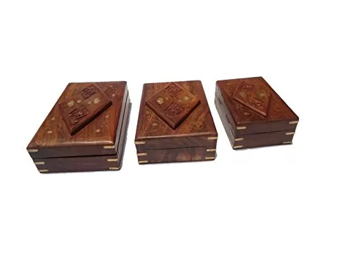Set of Three Jewellery Boxes with Brass and Carved Work, 4 image