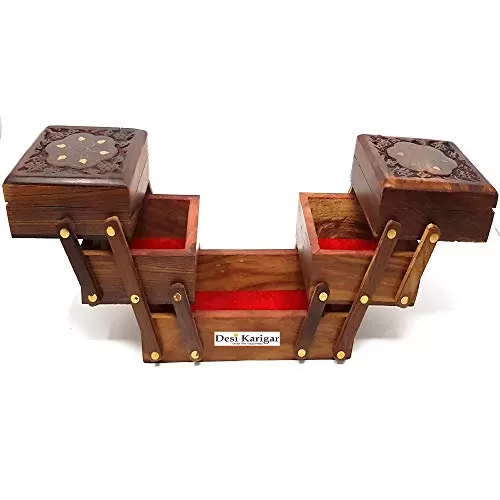 Beautifully top Carved with Brass Work Wooden 3 Stories Foldable Jewellery Box, 3 image