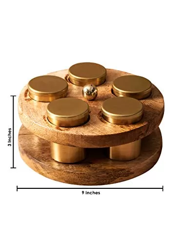 Spice Masala Box Dabba Jars for Kitchen | Round Powder Container Set lid for Storage Tabletop | Iron Brass Plating Finish & Mango Wood Gold (5 Jars), 6 image