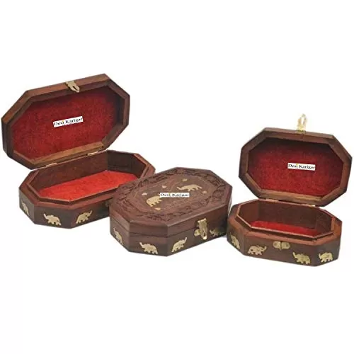 Wooden Antique Brown Jewellery Box with Brass Work Set of 3, 3 image