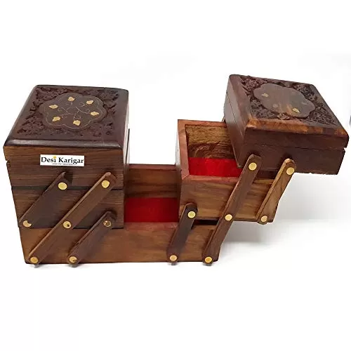 Beautifully top Carved with Brass Work Wooden 3 Stories Foldable Jewellery Box, 4 image