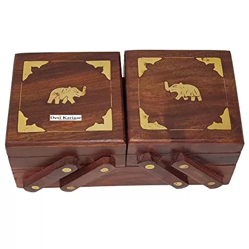 3 in 1 Wooden Jewellery Box with Brass Elephant Design Inlay Work Decorative Gift, 5 image