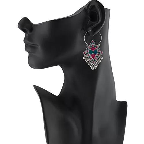 Designer Meena Work Afghani Silver Oxidised Earrings for Girls, 2 image