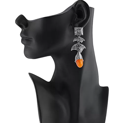 Orange Stone Dangler Handmade Silver Oxidised Earrings For Women, 2 image