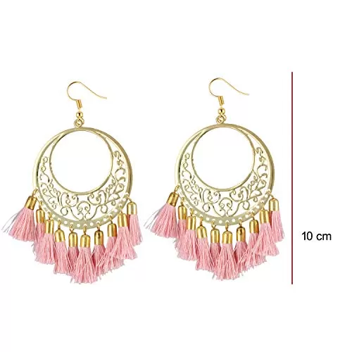 Designer Light Weight Oxidized Golden Metal and Pink Tassel Earrings for Women, 3 image