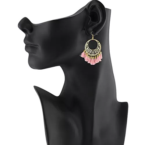 Designer Light Weight Oxidized Golden Metal and Pink Tassel Earrings for Women, 2 image