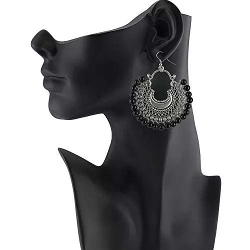 Designer German Silver Black Beads Oxidized Silver Earrings for Women, 2 image