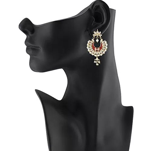 Stylish High Quality Traditional MAroon Kundan Chandbalis Earrings For Women & Girls, 2 image
