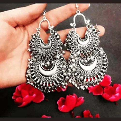 Designer Silver Oxidised High Classy Luxury Hot Selling Double Decker Afghani Earrings for Women and Girls, 2 image