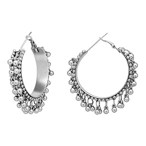 Indian Traditional Silver Plated Antique Oxidised Bali Style Ghungroo Beads Earrings for Women, 3 image